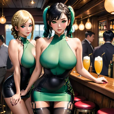 Three women at the bar, sitting on bar stools, view from behind. A dimly-lit, cozy bar, exuding an air of intimate decadence. A dimly-lit, cozy bar, exuding an air of intimate decadence. Naz a beautiful-looking young woman, green eyes, female, 30, blond sh...