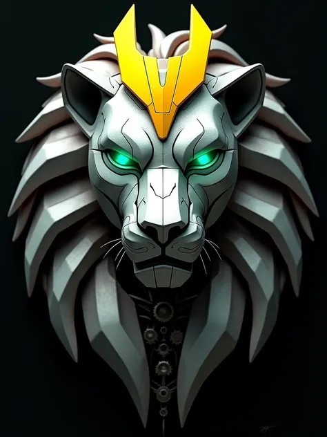 "A stylized, robotic lion head with a sleek and futuristic design. The head is composed of angular, metallic segments primarily in silver, with a prominent yellow section on the top that adds a striking contrast. The eyes are a vivid green, glowing with a ...