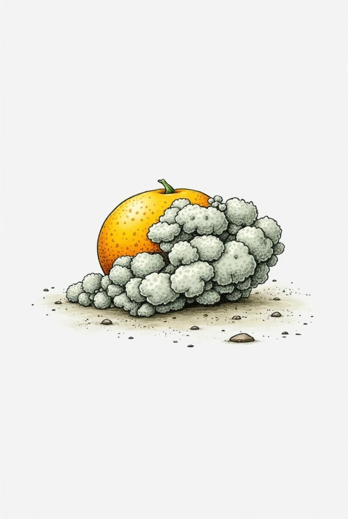 Make a picture of a fungus decomposing a realistic orange, but in drawing, let it be simple