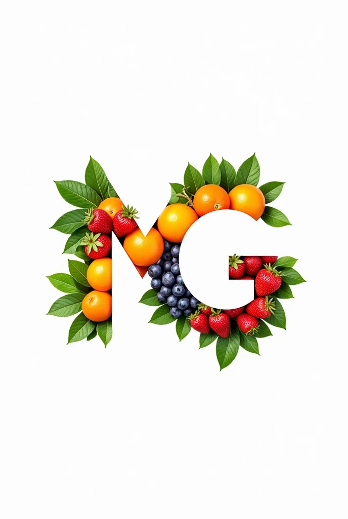 A sophisticated logo, with fruits and the letters M and G appearing naturally and smoothly