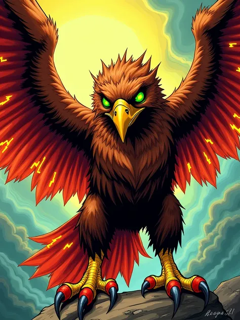 Stylized, digital illustration of a hawk-like creature with vibrant, detailed features. The creature has large, angular wings with a mix of brown, yellow, and red hues, creating a gradient effect. The wings are adorned with sharp, lightning bolt-like patte...