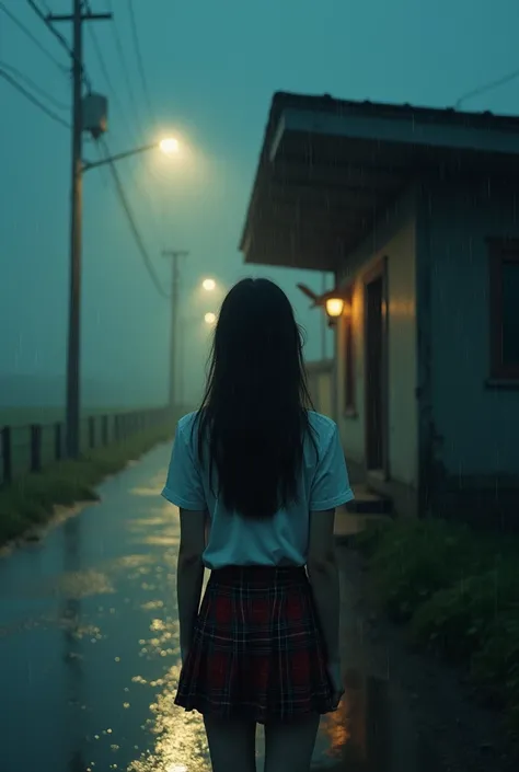 (masterpiece:1.2),best quality,high quality,(realistic),(absurdres:1.2),UHD,ultrarealistic, (rainy night, dark, dark photo, grainy, dimly lit:1.3),a girl standing alone in front of an old,shabby,unlit transit station in a deserted countryside on a dark nig...