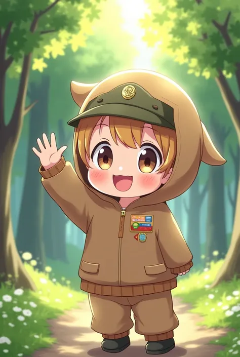 Brown combat uniform　Child　cute　　anime　No hat　Waving