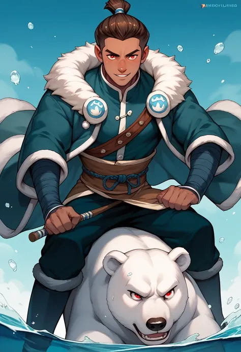 Kanae Yuta, a man from the Water Tribe, has red eyes, long brown hair, his dark skin, he has a toned and strong body, riding a lush polar bear, wearing a standard Water Tribe winter coat, showcasing his mastery of Waterbending.