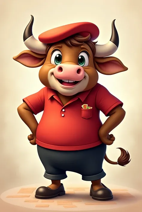 charachter: A friendly and welcoming bull, representing the visual identity of Boina Costelaria e Pizzaria. It is inspired by the existing logo, showing an ox with a red beret. Face and Expression: The bull has a friendly and expressive face, with big eyes...