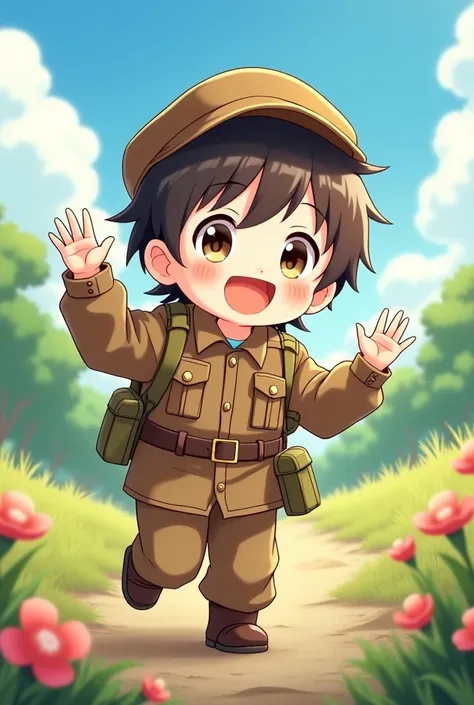 Brown combat uniform　Child　cute　　anime　I dont wear a hat　Waving