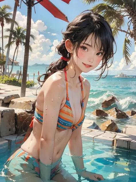 ((highest quality, masterpiece, High resolution)), ((reality)),Photos of beautiful Japanese women,((anime art))、 (((1 girl))), normal size breasts, slim body shape, long ponytail,double eyelid, Wet see-through bikini, A pareo with bold ethnic patterns and ...