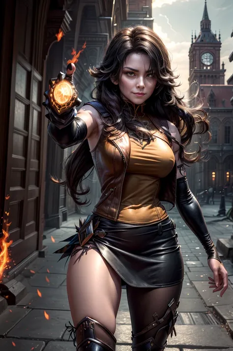 (masterpiece, best quality:1.2), cowboy shot, dynamic pose, solo, 1girl, cinder fall, evil smile, holding flames, looking at viewer, long hair, t-shirt, white skirt, sleeveless jacket, elbow gloves, pantyhose, standing outside huge gothic building, trees, ...