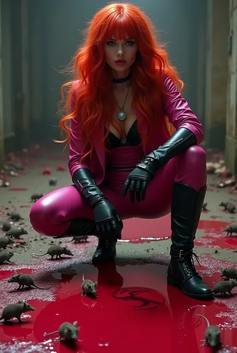 a beautiful woman (((con an extensive head of red hair))) long prenzil six feet long)))Adriana Lima wearing (((a fuchsia leather jumpsuit combined with black))) black leather gloves and boots kneeling blood around him many rats around him and a lot of bloo...