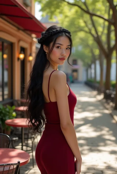 A woman black hair thats a braided wreath, a short bordeaux red dress with small carriers, outside a caffee. Realistic but not too realistic
Her dress is narrow