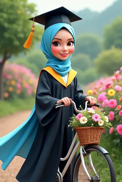 Realistic Karikatur, A women wearing hijab,  blue color hijab, wearing black graduation hat, wearing pastel blue graduation hood with yellow color on the edge, wearing black graduation gown, Long graduation gown that covers the ankles, wearing shoes, bicyc...