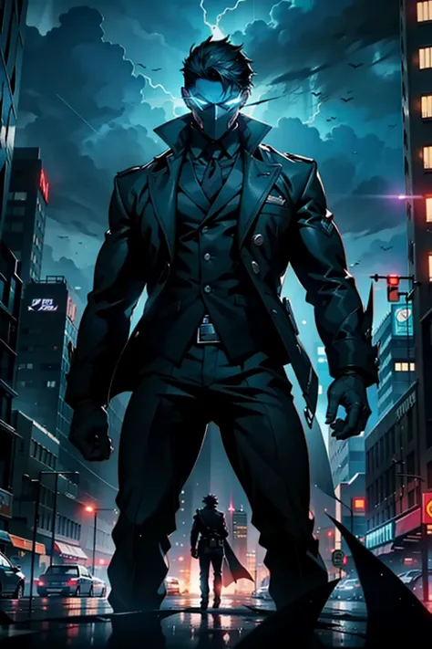 A final showdown unfolds in the heart of the city as a young detective and a powerful vigilante battle a shadowy figure with supernatural powers, the skyline lit up by a fierce storm, symbolizing the struggle between light and darkness.