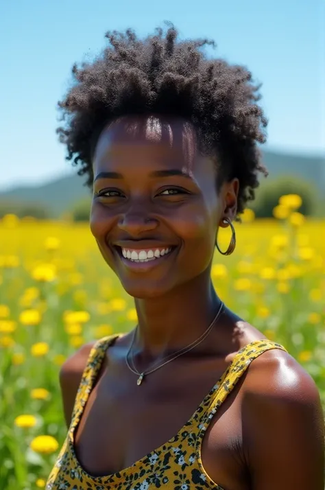 A Brazilian country woman with dark skin, dark eyes and almost shaved but voluminous afro hair,  that is almost old 