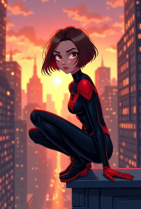 A 15 year old girl,very short hair, color cafe, Brown eyes, pale skin, with a black and red spiderman suit (cartoon style)