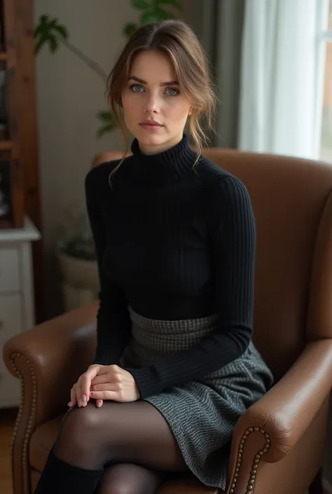  brown hair color、short hair、hair pulled back、ponytail、cute face、 she wears a turtleneck and a skirt.、she has blue eyes、black pantyhose、sitting on a chair、crossed legs、wearing black knee high boots、adult german woman、full body portrait、indoor.、