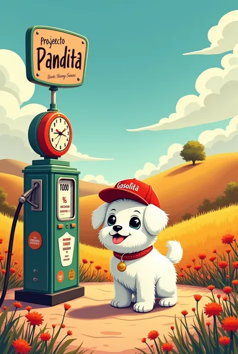 White small dog selling gasoline just give me a logo that says the name project pandita in Spanish landscape the technological institute superior villa montes