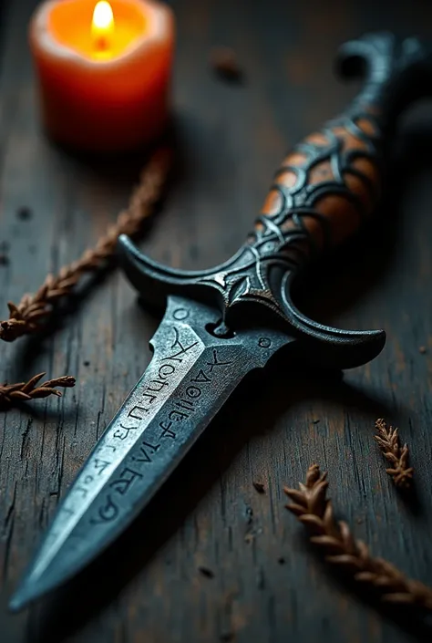 A disturbing looking knife with a sharp black blade that seems to absorb light. The hilt is decorated with sinister details and has a worn look., with engraved runes representing darkness and oblivion