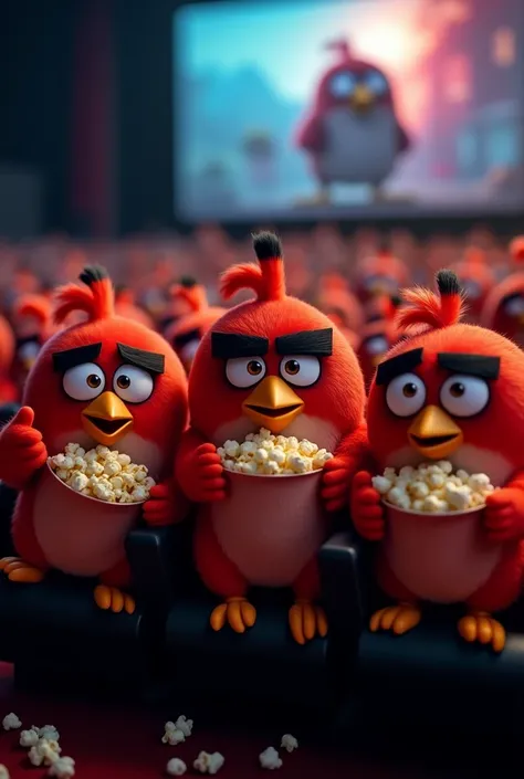 Red angry birds eating popcorn making thumbs up sign in a movie theater