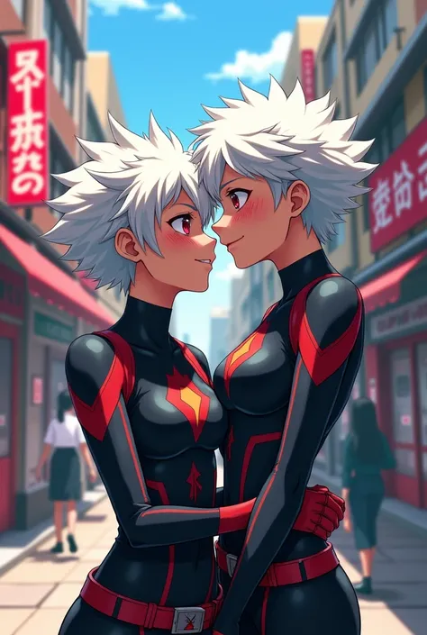 A female My Hero Academia type character with short white hair and red eyes, besandose with bakugo katsuki