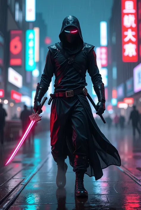 Cyberpunk ninja with RGB katana in a rainy setting of the same theme