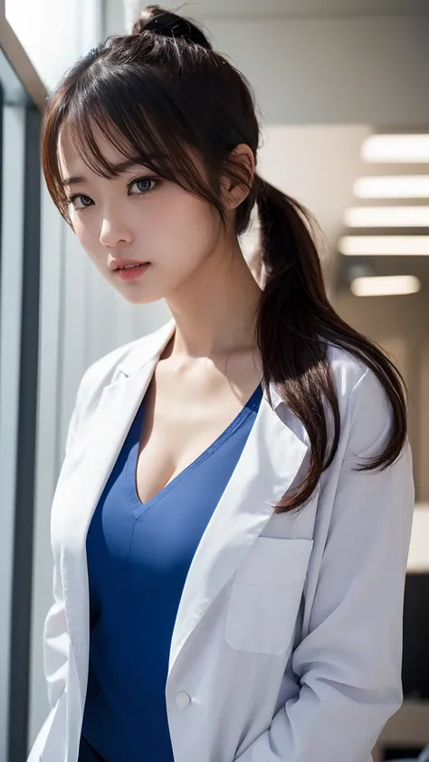 Upper body photo、(4K, 8k, best quality, masterpiece:1.2), (realistic, RAW photo:1.0), ((The body is facing forward:1.3)), Large Breasts、G-cup breasts、Cleavage spilling out from the blue shirt、２８age、Very beautiful woman、Ponytail Hair、 (female docter, dresse...