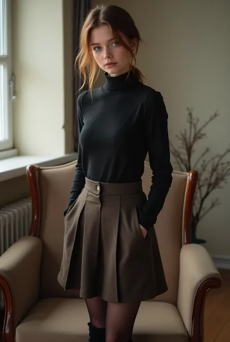  brown hair color、short hair、hair pulled back、ponytail、cute face、 she wears a turtleneck and a skirt.、she has blue eyes、black pantyhose、standing infront of a chair、wearing black knee high boots、adult german teen、full body portrait、indoor.、