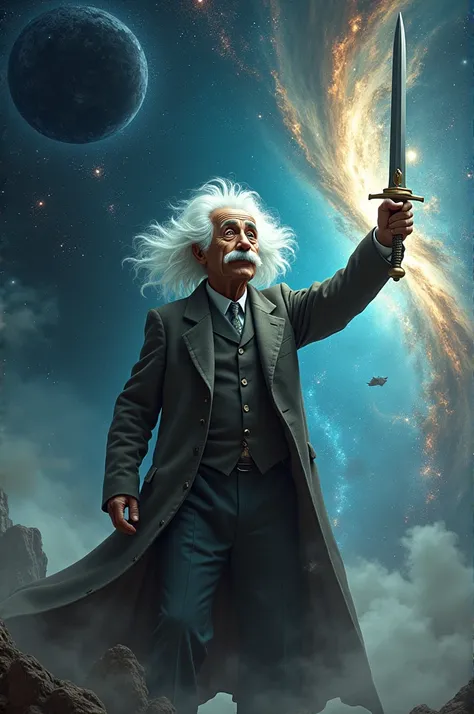 Albert Einstein with a sword in his hand destroying the flat earth with space in the background and a black hole trying to absorb a piece of the flat earth that Albert Einstein cut off