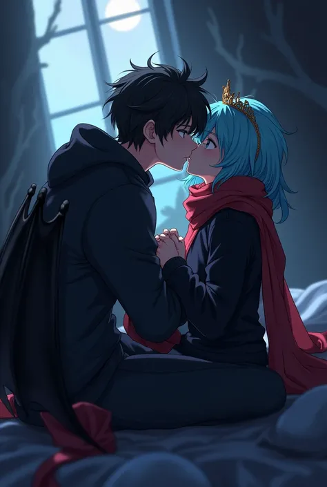 Create an anime style image of two 19 year old boys,one is called Bat he wears a black sweatshirt,her hair is black with two bat wings,the other one is called Sdepy he wears a black sweatshirt with a red scarf,her hair is cyan and she wears a crown and is ...