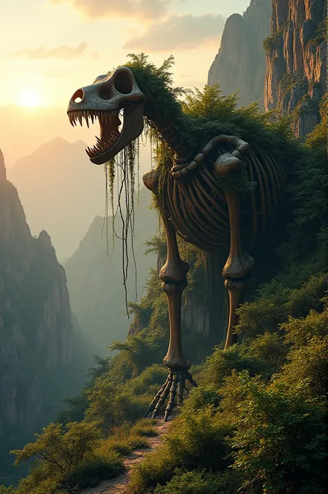 a large skeleton of a creature in a mountain range, its ribs poking out of the hills and cliffs that surround it, it is covered in thick vegetation and moss and looks very old