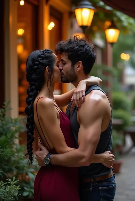 A woman black hair thats a braided wreath, a short bordeaux red dress with small carriers, outside a caffee. Realistic but not too realistic
Her dress is narrow
Next to her a man with black tousled hair and He has no beard.  kissing her. Her arms around hi...