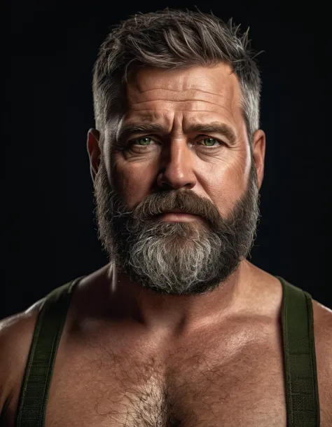 "Capture an 8K, hyperrealistic portrait of a man around 50 years old. He has very short military-style fade haircut, with a rugged beard that gives off a lumberjack vibe. His piercing green eyes gaze directly at the viewer. The very realistic scene shows t...