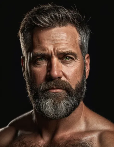 "Capture an 8K, hyperrealistic portrait of a man around 50 years old. He has very short military-style fade haircut, with a rugged beard that gives off a lumberjack vibe. His piercing green eyes gaze directly at the viewer. The very realistic scene shows t...