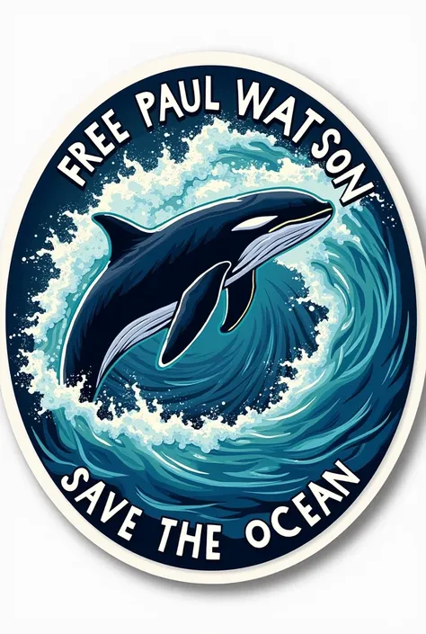 Autocollant rond 
avec écriture free Paul Watson et save the ocean et dessin cétacé 
