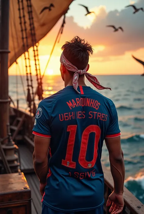 PSG player from behind flocking Marquinhos with a bandana on a pirate ship