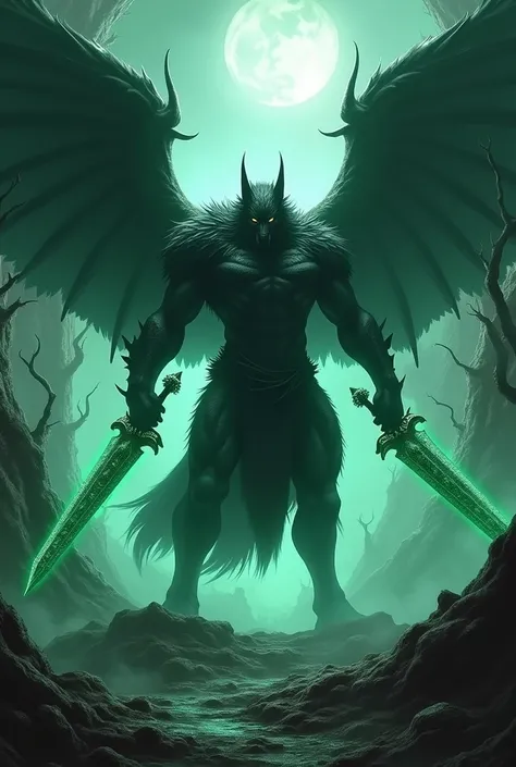 Make a wolf which is the lord of the underworld which has a humanoid form which has large wings and obsidian like skin and 2 huge shining jade swords on a scary terrain