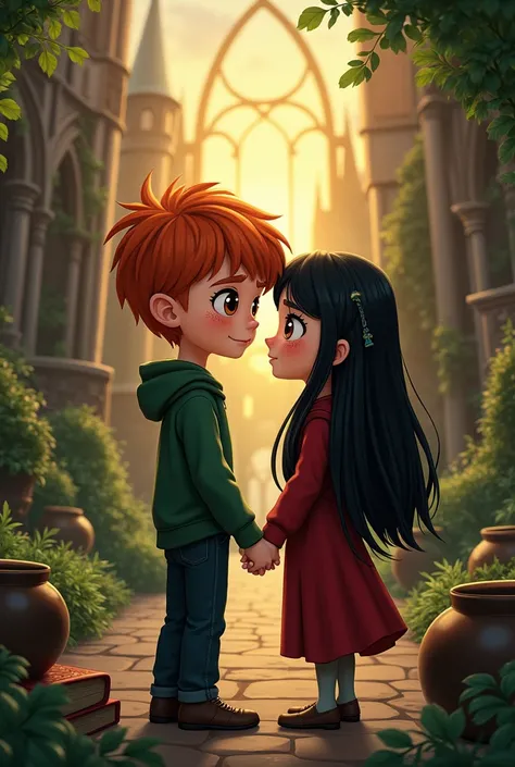 Make me a picture of a red-haired boy with freckles and dark brown eyes who is a Revenclaw with a black-haired girl with straight hair who is a Slytherin