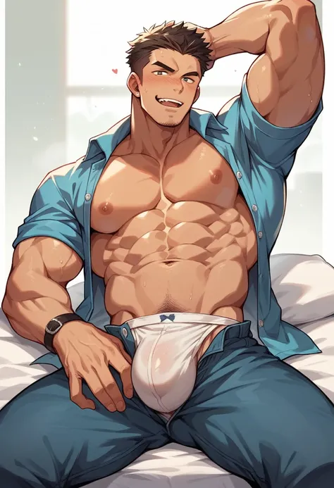 Muscular man with his pants unbuttoned with a large bulge in his underwear making a naughty face while holding his underwear in a naughty way