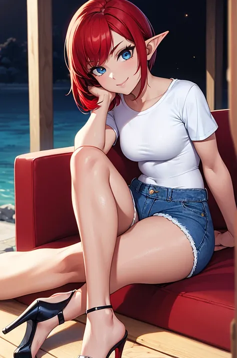 (masterpiece), best quality, (((ultra detailed, 8k quality))), expressive eyes, perfect face, Curvy body, Elf,(1girl), Solo, pretty, blue eyes, ((White tight Mini Tee Shirt:1.5)), ((Blue Denim Mini Shorts:1.5)),((Black Stiletto Heels:1.5)), ((red hair:1.5)...