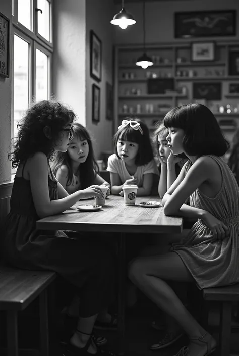 Six girls chatting awkwardly, in black and white