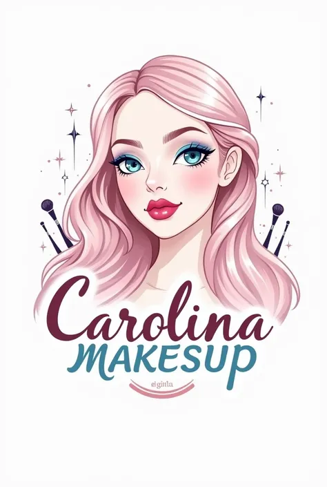 Create for me a makeup logo with the name carolinamakesup with the colors light blue and pink with a woman in the image 