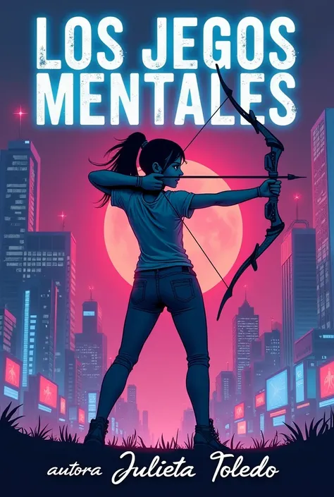 Book cover with the letters "The Mind Games" at the top, a teenage girl standing using a bow and arrow in a futuristic background, and at the bottom the letters author Julieta Toledo, the letters must be in Spanish