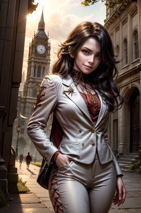 (masterpiece, best quality:1.2), cowboy shot,  solo, 1girl, cinder fall, evil smile, looking at viewer, long hair, white suit, red shirt, tie, standing outside huge gothic building, trees, (volumetric lighting), sharp focus, hyper detailed 