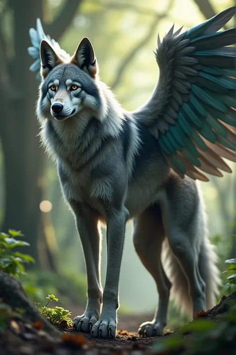 Make an extremely realistic humanoid wolf with wings 