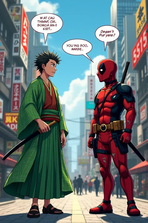 Tanjiro from Kimetsu no Yaiba and Deadpool interacting.