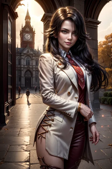 (masterpiece, best quality:1.2), cowboy shot,  solo, 1girl, cinder fall, evil smile, looking at viewer, long hair, white suit, red shirt, tie, standing outside huge gothic building, trees, (volumetric lighting), sharp focus, hyper detailed 