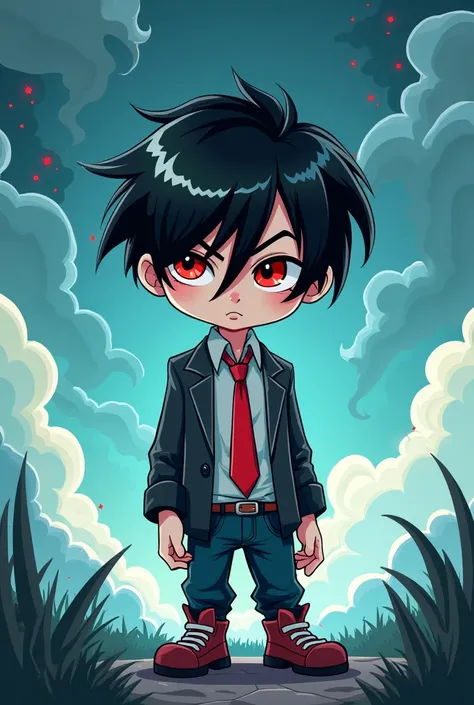 Cartoon Boy,Scrawny,blackquality hair,long and white streak in the fringe,Eyes red,red necktie,special powers,phantom