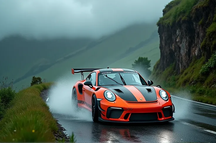 porsche 911 gt3 rs drifting on a country road raining next to a cliff hyper realistic,insane detail, , 8k, photography, Sony Alpha, Canon 5D, Fujifilm xt100 