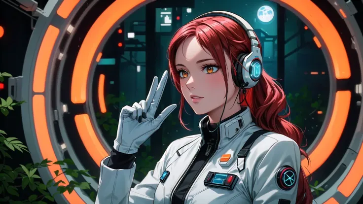 there is a woman in a spacesuit with headphones., garota cyberpunk sonhadora, on cyberpunk style, hiper-realistic cyberpunk styl...