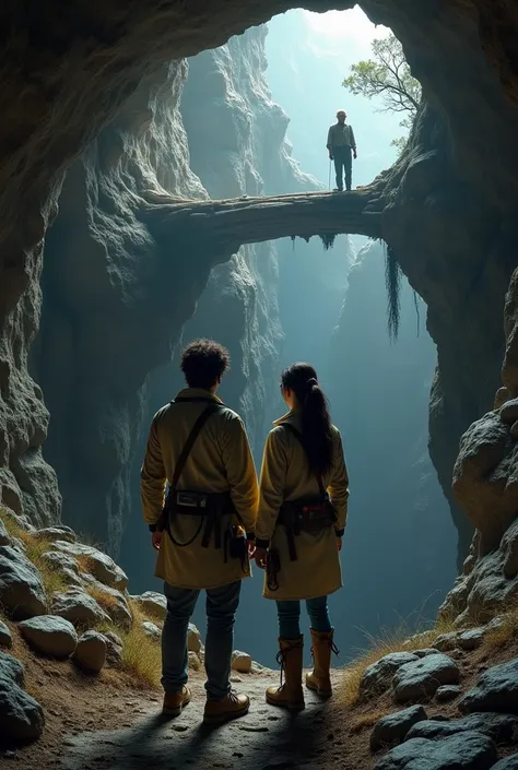 Two scientists, two adults, a man and a woman, in a cave looking in front of another cave and a collapsed bridge on the edge of a wooden cliff. And on the other side you see an old scientist