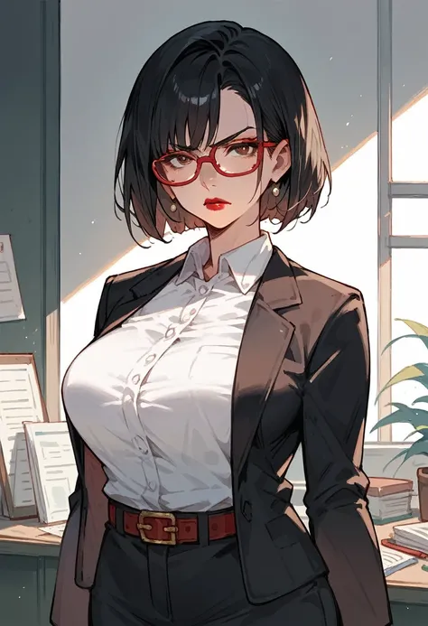 (score_9,score_8_up,score_7_up),1woman,solo,source_anime,mature,big sister,middle age, black hair, bob cut, red glasses, small beasts, red lips, white shirt, black suit, red belt, serious look, office